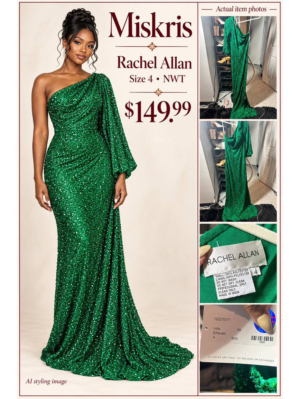 NWT Rachel Allan Emerald Green Sequin One Shoulder Gown Size 4 Prom Formal Dress